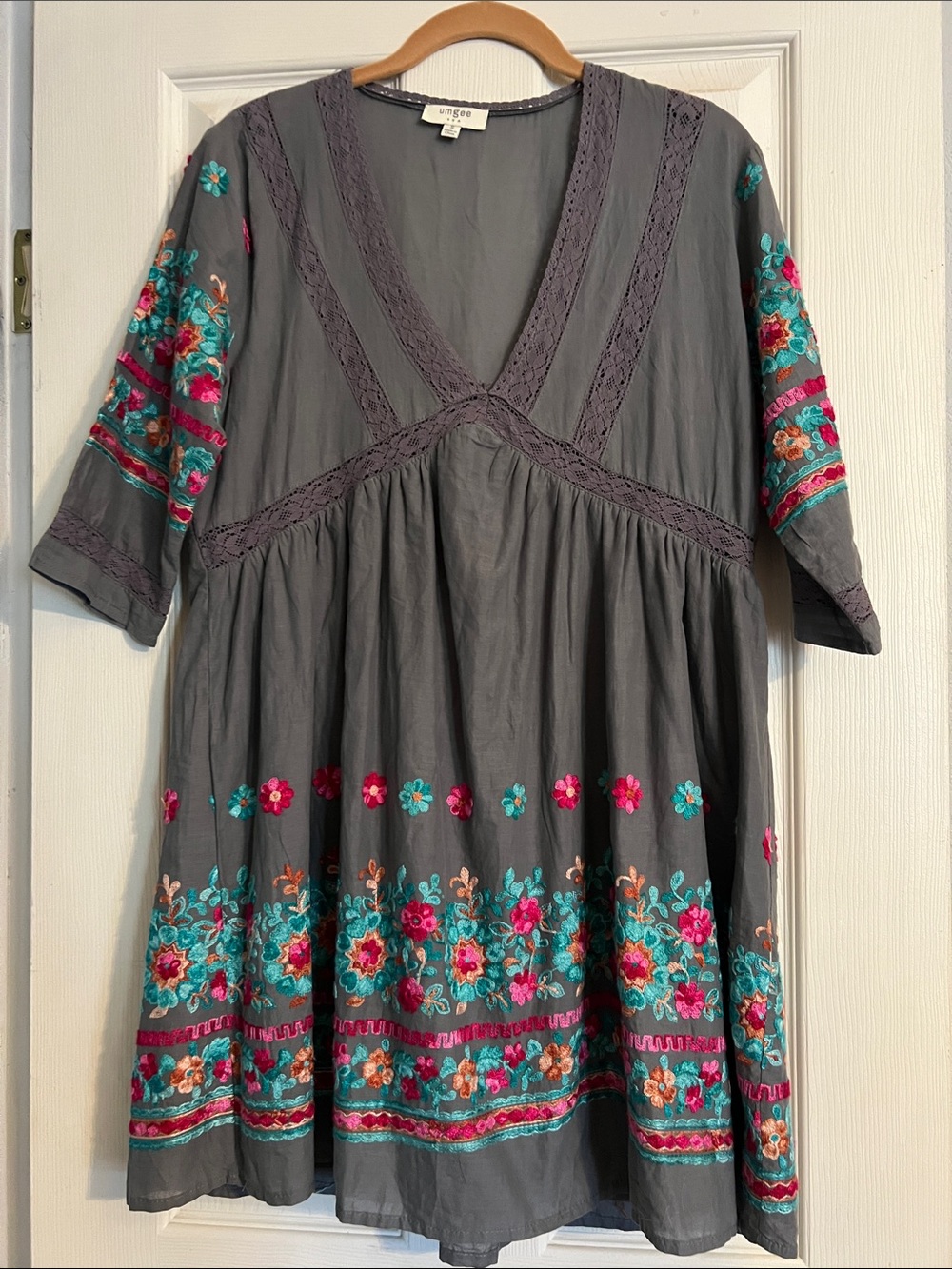 Umgee Gray Midi Dress with Pink & Teal Floral Embroidery